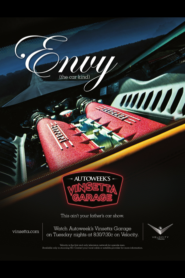 Ferrari 458 Italia engine bay shot for AUTOWEEK's Vinsetta Garage. Advertisement seen in the back cover of the February 6, 2012 Issue